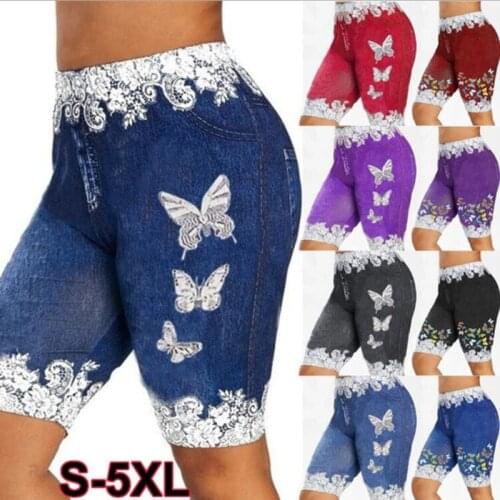 Plus Size Denim Shorts Women Lace Patchwork Butterfly Print Bodycon Shorts Elastic Skinny Denim Shorts for Women Short Feminino