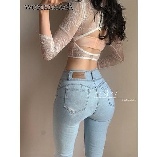 WOMENGAGA Sexy Hot Skinny Light Blue Jeans Female Lady Denim Pants Stretch Button Peach Breech Leggings Women Europe Korea W44Z