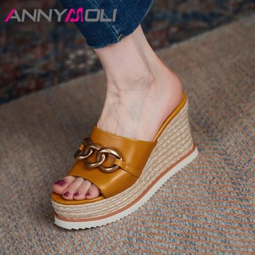 ANNYMOLI Women Sandals Real Leather Shoes Platform Wedges High Heels Slides Chain Buckle Slippers Summer Ladies Footwear Beige