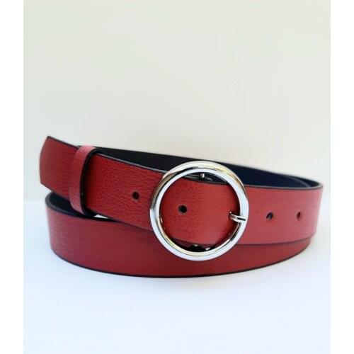 Women Red Silver Ring Buckled Belt Special Ring Buckle Closure Modern Female Trousers Belt