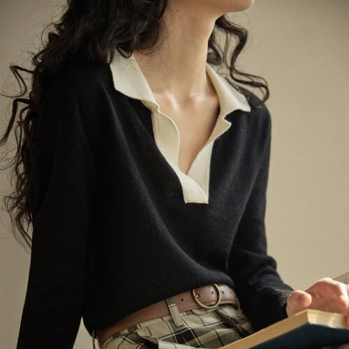 Cotton POLO Neck Tops 2021 Spring Summer New Contrasting Color Thinning Knitted Sweater