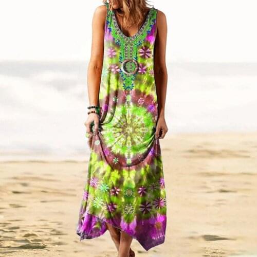 2021 Ladies Print Floral Long Boho Bohemian Beach Summer Dress Women Sundress Sexy V-Neck Sleeveless Strap Maxi Vintage Dress