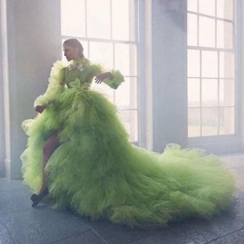 Fashion Tulle Prom Gowns High Low Long Sleeves Chic Evening Party Dress High Neck Unique Tulle Hi Lo Women Formal Dress Custom