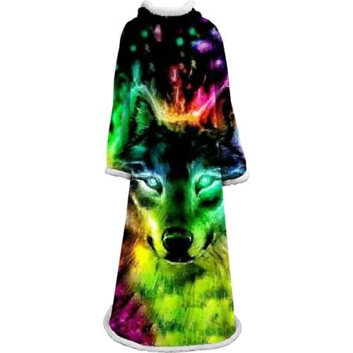 Wolf Designs Sherpa Winter Blanket with Sleeves England Plaid Striped Plant Velvet Plush Throw Blankets Animal Bedspread