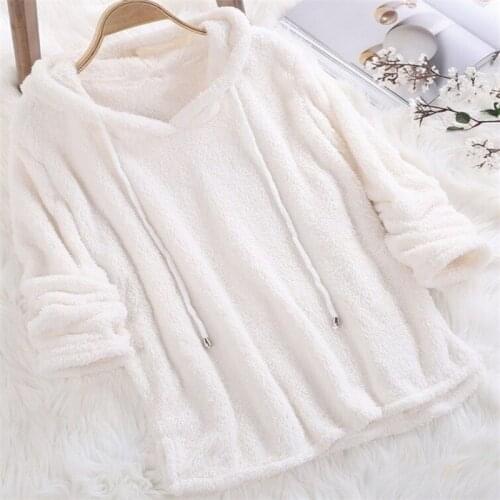 2020 Winter Hooded Sleep Top Women Warm Plush Drawstring Fleece Pullover Pajama Loose Hoodies Sleepwear Sweatshirts Tops