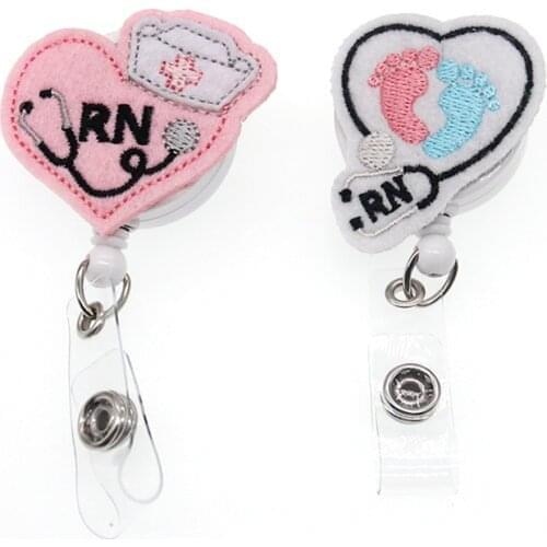 10/20pcs Hot sell felt baby footprint PINK Stethoscope RN nurse medical Retractable nursing id badge holder/reel clip