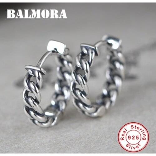 BALMORA 100% Real 925 Sterling Silver Weaving Geometric Earring For Women Retro Hollow Design Ear Loop Dangler Ear Stud Jewelry