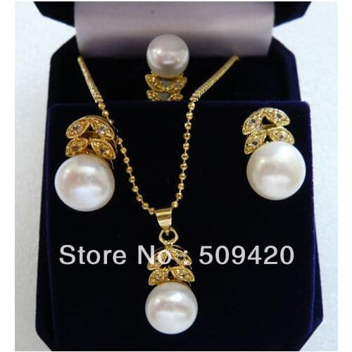 Free Shipping Wholesale>>> Halloween party favors Sets 9-10 mm white pearl ring earring necklace womens
