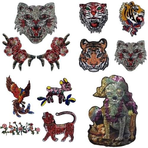 Sequin Leopard Flower Tiger Embroidered Bird Patch Applique Paillitte Badge Sew On T-shirt Jacket Garment DIY Craft TH1343