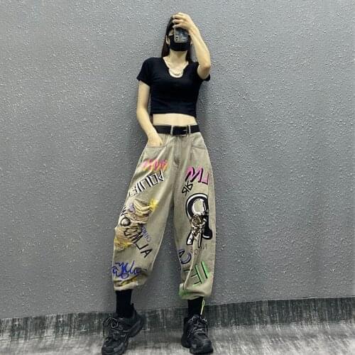 Spring Super Hot Hole Jeans Women High Waist Graffiti Pattern Denim Harem Pants Female Fashion Clothes