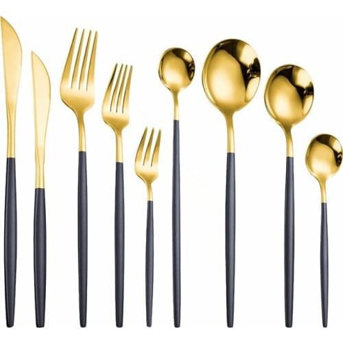 Black Gold Stainless Steel Cutlery Set Kitchen Spoon Fork Luxury Dinnerware Dessert Spoon Tea Fork Tableware Set Bright Light