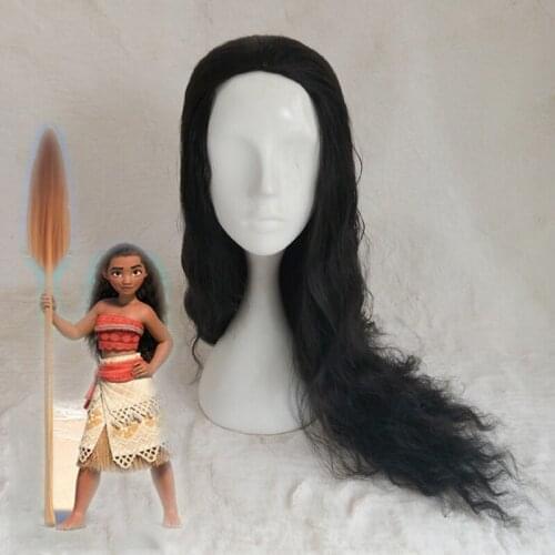 Moana Long Curly Black Synthetic Hair Perucas Cosplay Wig Halloween Costume Party Play Wigs For Women High Temperature Fiber