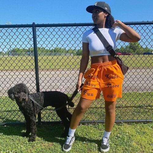 Neon Orange Letter Print Loose Jogger Shorts for Women Casual High Waist Drawstring Biker Short Activewear Running Dance Short