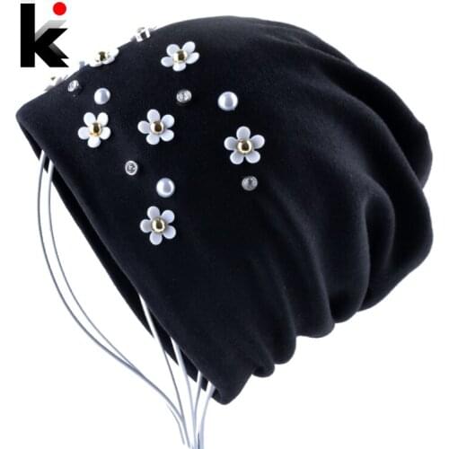 New Fashion Beanie Hat Solid Color Peal Rhinestone Flower Skullies Beanies Women Autumn Winter Female Bonnet Cap Chapeu Feminino