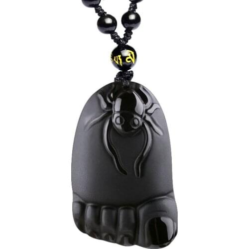 JoursNeige Natural Stone Obsidian Pendant Bead Necklace Black A Carved Foot/Spider Fine Carving Lucky for Men Women Women