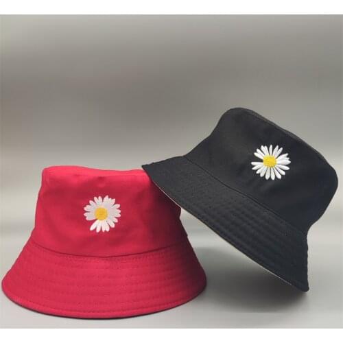New Double-side Unisex Harajuku Bucket Hat Fishing Outdoor Cap Women Bucket Fishing Hat Sunscreen Daisy Embroidery Fisherman Hat