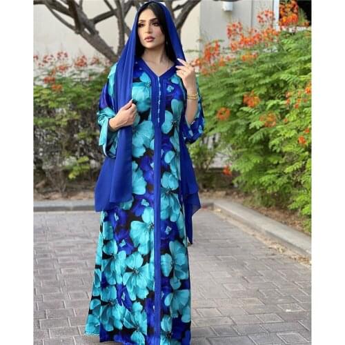 Muslim Print Long Dress Abaya Islamic Arabic V-neck Moroccan Eid Ramadan Women Middle East Dubai Caftan Ethnic Maxi Robe Fashion