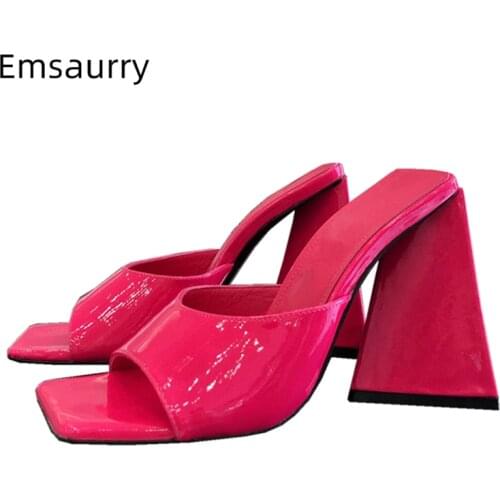 Sexy Triangle Block Chunky Heel Sandals Women Square Open Toe Slingbacks Patent Leather Slip-on Summer Mules