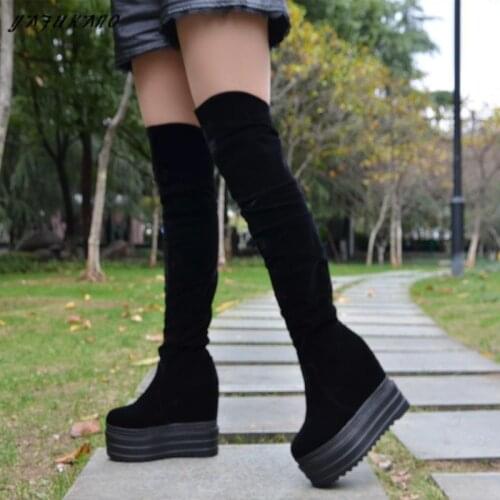 2019 Winter New Within Increase Over-the-Knee Boots 13cm Super High Heel Long Boots Womens Suede Stretch Boots Wedges High Boots