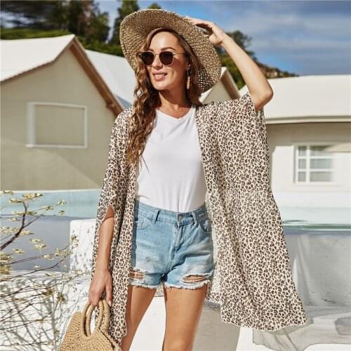 Chiffon Beach Cover Up Dress Leopard Printed Ladies 2021 Womens Beachwear Woman Outfit Blouse Tunic Pareo Swimsuit Cover-ups