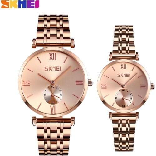 SKMEI Fashion Couple Quartz Women Mens Watch Luxury Stainless Steel Strap Lover Bracelet Clock Waterproof Wristwatch reloj homb