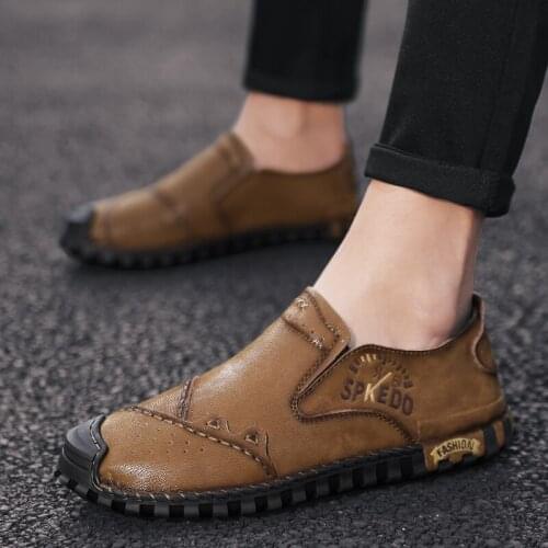 Genuine Leather Mens Shoes Casual Luxury Walking Hiking Shoes Male Retro Comfortable Non-Slip Comfortable Flats Big Size Men 48