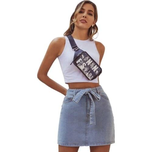 Summer casual Womens Skirts Lace Up Bow Tie Waist Denim Solid Color Dress with Pockets for Female