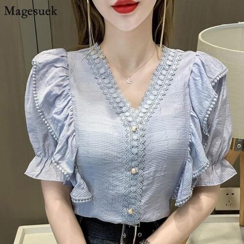 Summer Womens Clothing 2021 Korean Solid Short Sleeve Chiffon Shirts Women Tops V-neck Ruffles Lace Shirt Blouses Blusas 14118