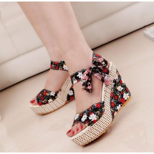 Women Summer Wedge Sandals Female Floral Bowknot Platform Bohemia High Heel Sandals Fashion Ankle Strap Open Toe Ladies Shoes
