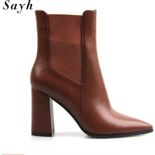 Winter Woman Ankle Boots Pointy Toe High Heels Casual Stretch Bootie Pu Leather Warm Shoes Size Plus