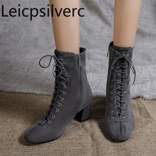 Womens Boots Autumn And Winter The New fashion Square head Lace-up Thick heel mid heel Short tube Womens shoes plus size 34-45