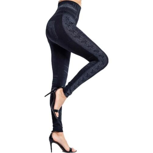 Imitation Jeans Leggings Rope Knot Pattern High Stretchy Women Push Up All Match Faux Denim Jeggings Streetwear Black 3XL