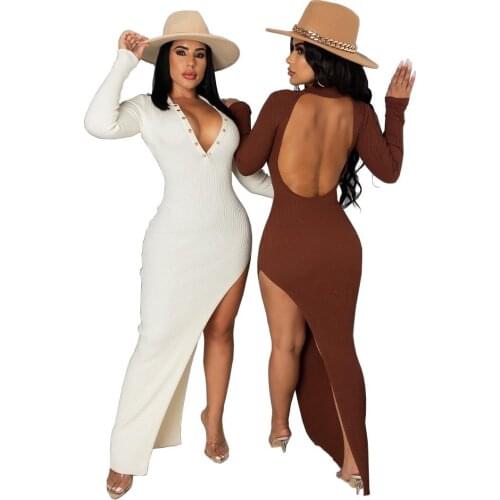 Backless Women Sexy Nightclub Dresses Charming Deep V-neck Full Sleeve High Waist Ottoman Slit Floor Length Dress 2021 Autumn