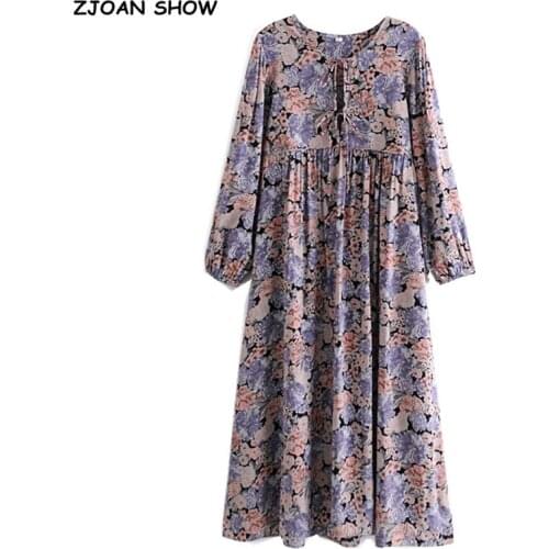 2021 BOHO Lacing up V neck Purple Floral Print Maxi Long Cotton Dress Ethnic Woman Bandage Long Sleeve Dresses Holiday Vestido