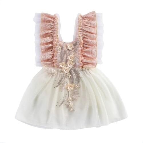 3D Pearls Flowers Toddler Baby Girls Dress Embroidery Mesh Sleeveless O-neck High Waist Sweet Outfits One-piece 0-24M Clothes