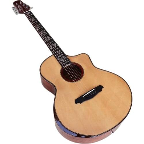 Flower inlayed high gloss acoustic guitar 41 inch solid spruce wood top 6 string folk guitar with radian corner