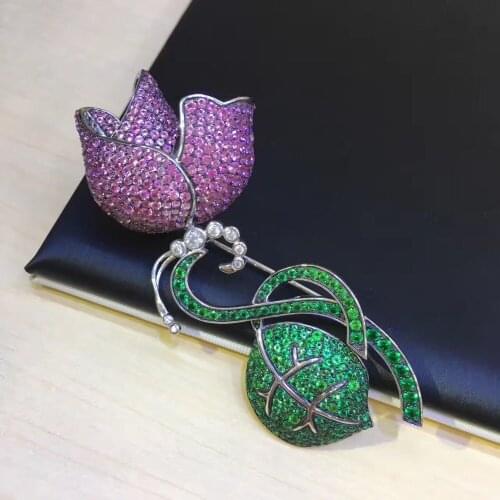 925 sterling silver with cubic zircon flower brooch pins fine women jewelry free shipping high quality tulip brooch pins