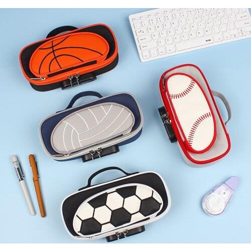 8 Inch Oxford Pu Pen Holder , Ball Serisepencil Box , Baseball Pencil Case with Password Lock , Large-capacity Stationery