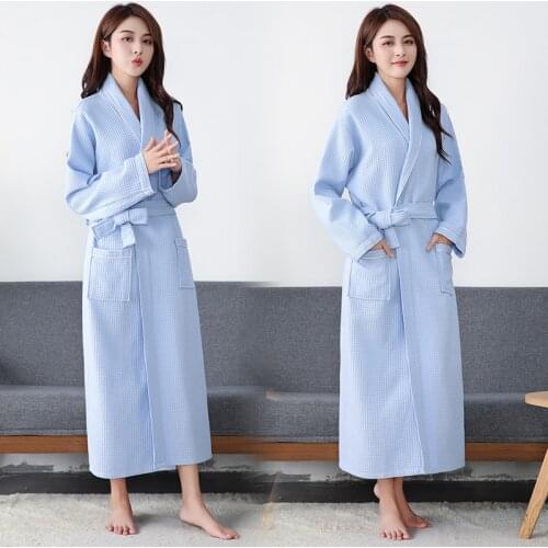 Women Men Bathrobe Cotton Robe Long Sleeve Couple Blue Robe Kimono Warm Bathrobe M L XL XXL