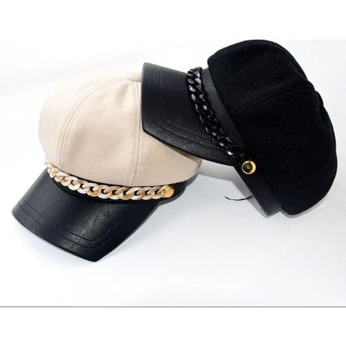 Woman Girl Acrylic Chain Octagonal Cap Square Brim Pu Brim Cap Patchwork Fashion Artist Painter Hat Japan Korean Style Hat