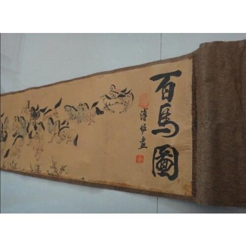 Chinese Ancient Picture Silk Paper "100 Horse " Scroll Painting Zodiac Animal Painting