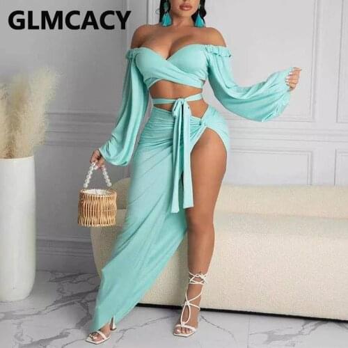 Two Pieces Sets Sexy & Club Women Off Shoulder Top & Slit Bodycon Skirts