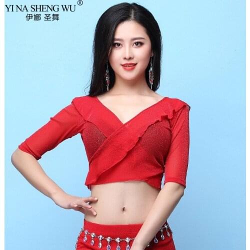 New Womens Belly Dance Costume Sexy Transparent T-Shirt Silver Net Half Sleeve Tops&Tees Oriental BellyDance Top Practice Wear