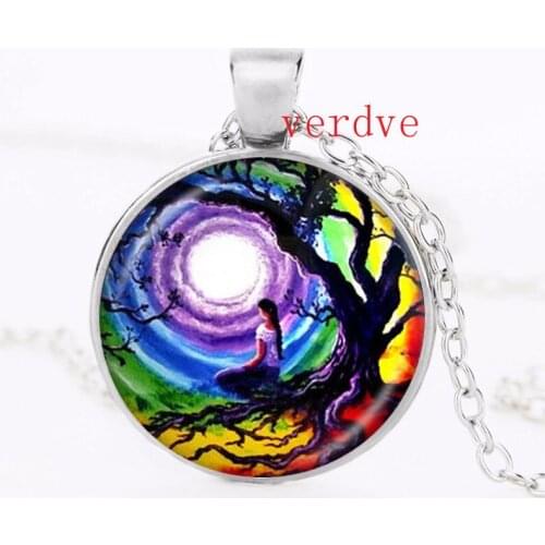 Tree of Life Meditation Necklace Handmade Chakra Jewelry Full Moon Pendant Glass Cabochon Chain Sweater Necklace