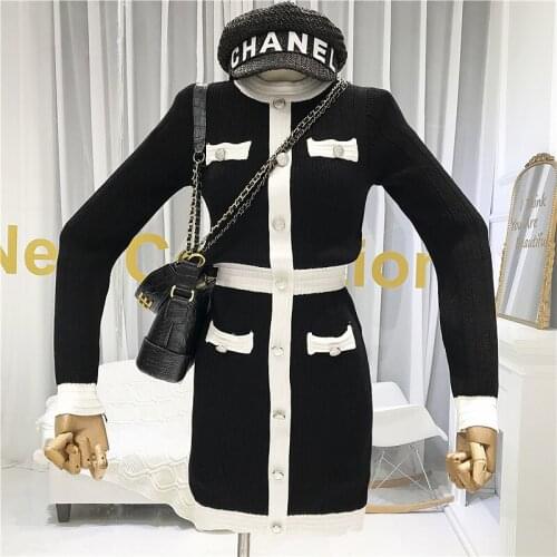 Fashion Brand Womens High-end Luxury Autumn Vintage Elegant Stitching Ladies Knitted Long-sleeved Dress Vestidos