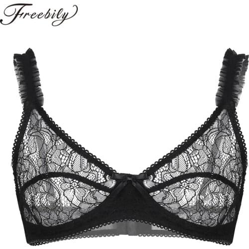 Fashion Men Soft See Through Sheer Floral Lace Sissy Lingerie Bralette Adjustable Spaghetti Straps Hot Sexy Male Erotic Bra Tops