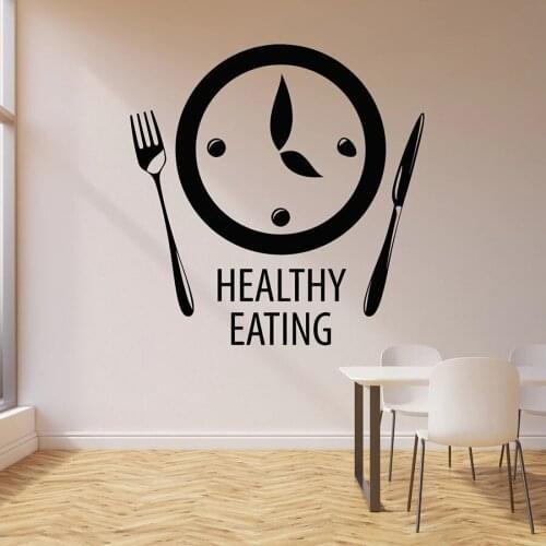 Healthy Eating Wall Decal Words Clock Time To Eat Kitchen Restaurant Decor Art Door Window Vinyl Stickers Creative Mural Q006