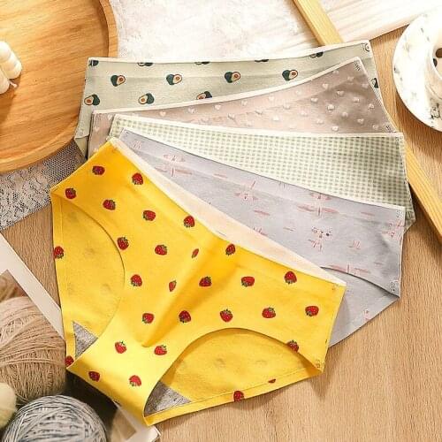 Womens Cotton Underwear 100% Cotton Printed Cartoon Underwear Seamless Mid-waist Solid Color Breathable Ladies Briefs