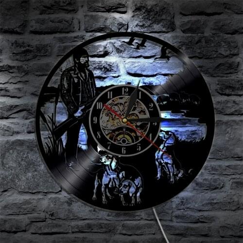 Hunting Shot Hobby Vinyl Record Wall Clock Hunting Wall Art Clock Modern Design With LED Light Minimalist Home Room Decoration