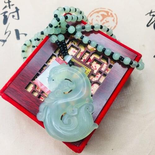 Zheru natural soft jade ice through hollow retro dragon pair pendant with jade bead necklace men and women sweater chain
